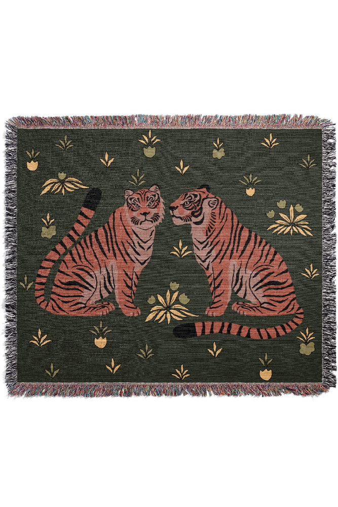 Two Floral Tigers Jacquard Woven Blanket (Dark Green)