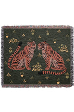 Two Floral Tigers Jacquard Woven Blanket (Dark Green)