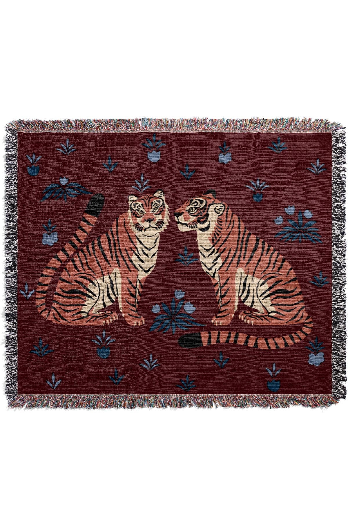 Two Floral Tigers Jacquard Woven Blanket (Deep Red) | Harper & Blake