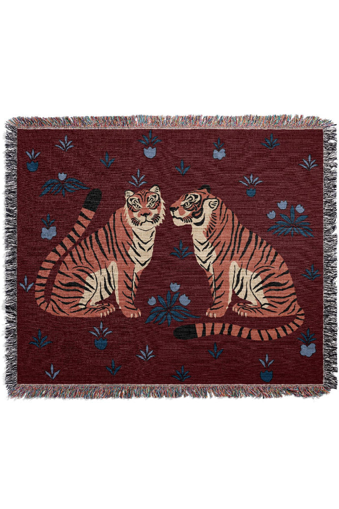 Two Floral Tigers Jacquard Woven Blanket (Deep Red)