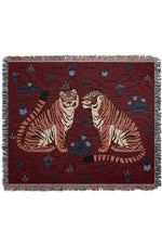 Two Floral Tigers Jacquard Woven Blanket (Deep Red)