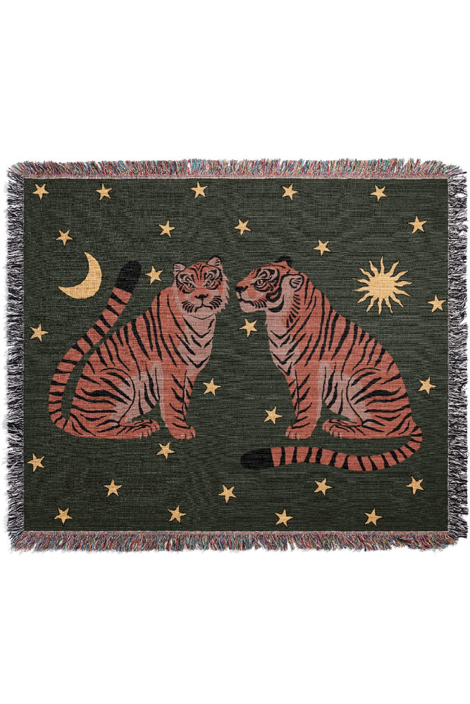 Two Star Tigers Jacquard Woven Blanket (Dark Green)