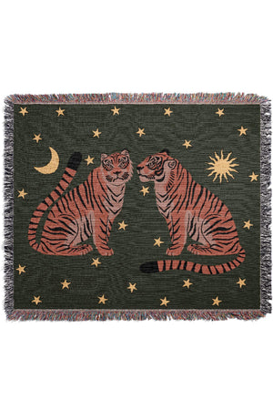 Two Star Tigers Jacquard Woven Blanket (Dark Green) | Harper & Blake