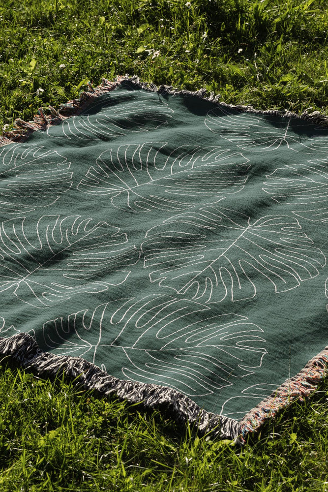 Monstera Plant Line Art Jacquard Woven Blanket (Green) | Harper & Blake