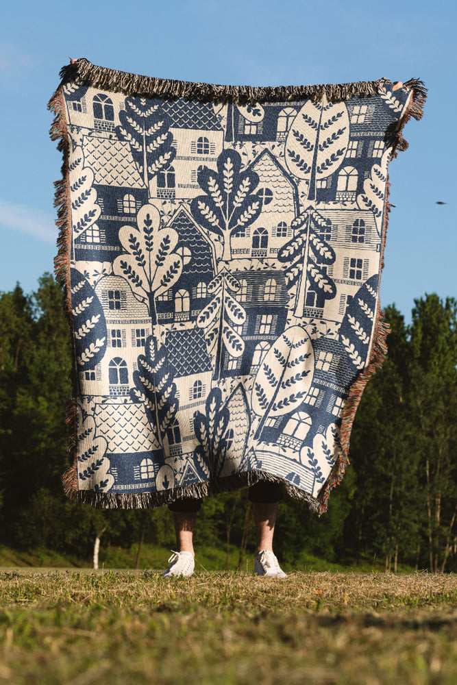 Adventure Travel Block by Garabateo Jacquard Woven Blanket (Blue) | Harper & Blake
