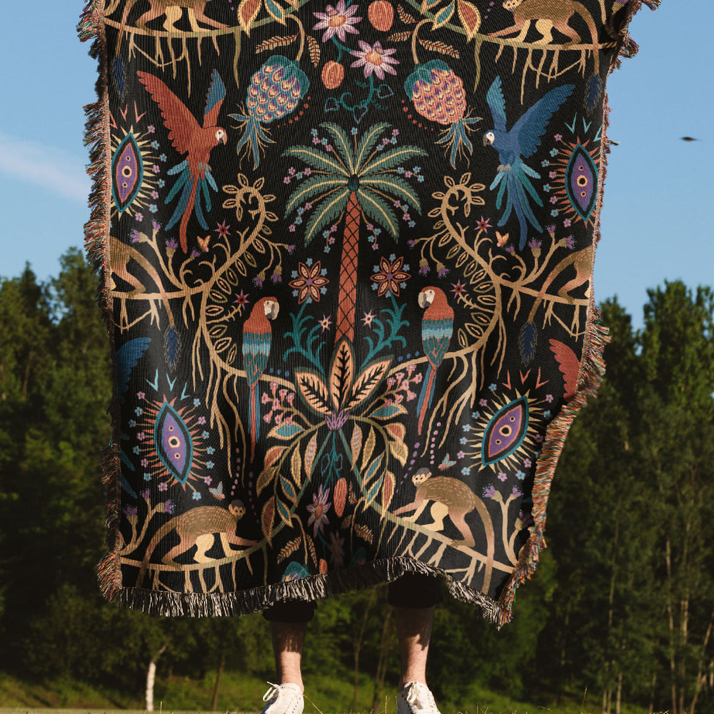 
                  
                    Joyful Jungle by Misentangledvision Jacquard Woven Blanket (Black) | Harper & Blake
                  
                