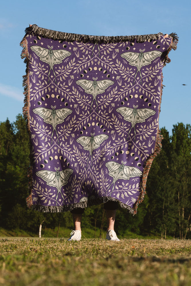 Luna Moths Damask by Misentangledvision Jacquard Woven Blanket (Purple) | Harper & Blake