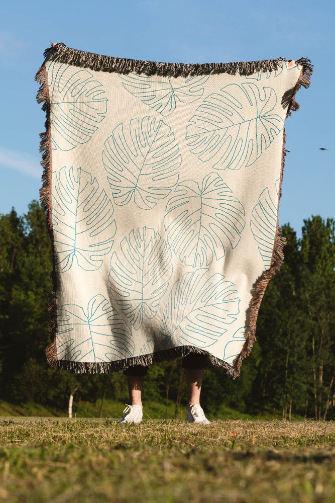Monstera Plant Line Art Jacquard Woven Blanket (Cream) | Harper & Blake
