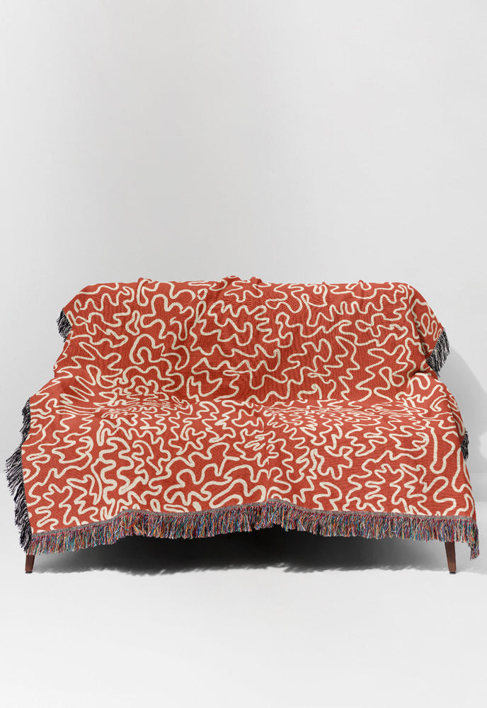 Doodle Line Art Jacquard Woven Blanket (Orange) | Harper & Blake