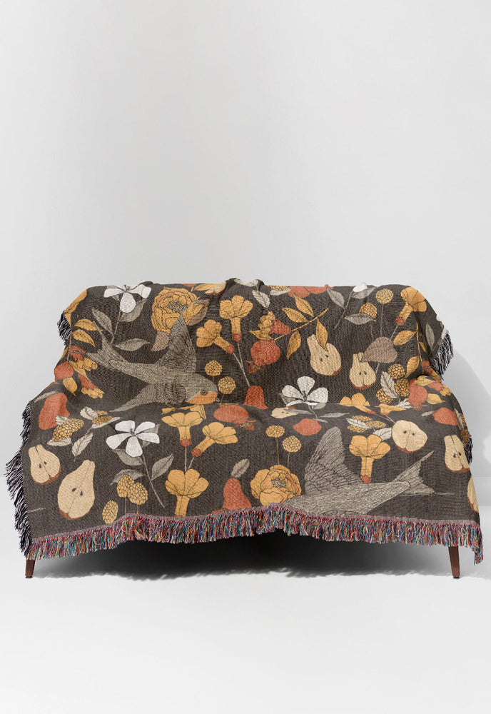 Golden Pears and Birds by Cecilia Mok Jacquard Woven Blanket (Grey) | Harper & Blake