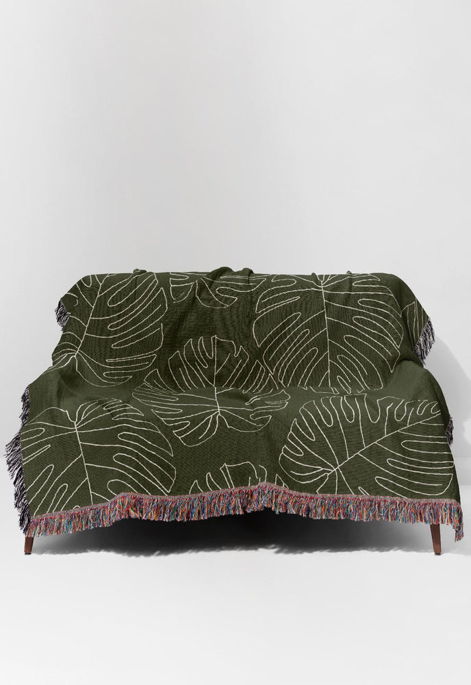 Monstera Plant Line Art Jacquard Woven Blanket (Khaki) | Harper & Blake