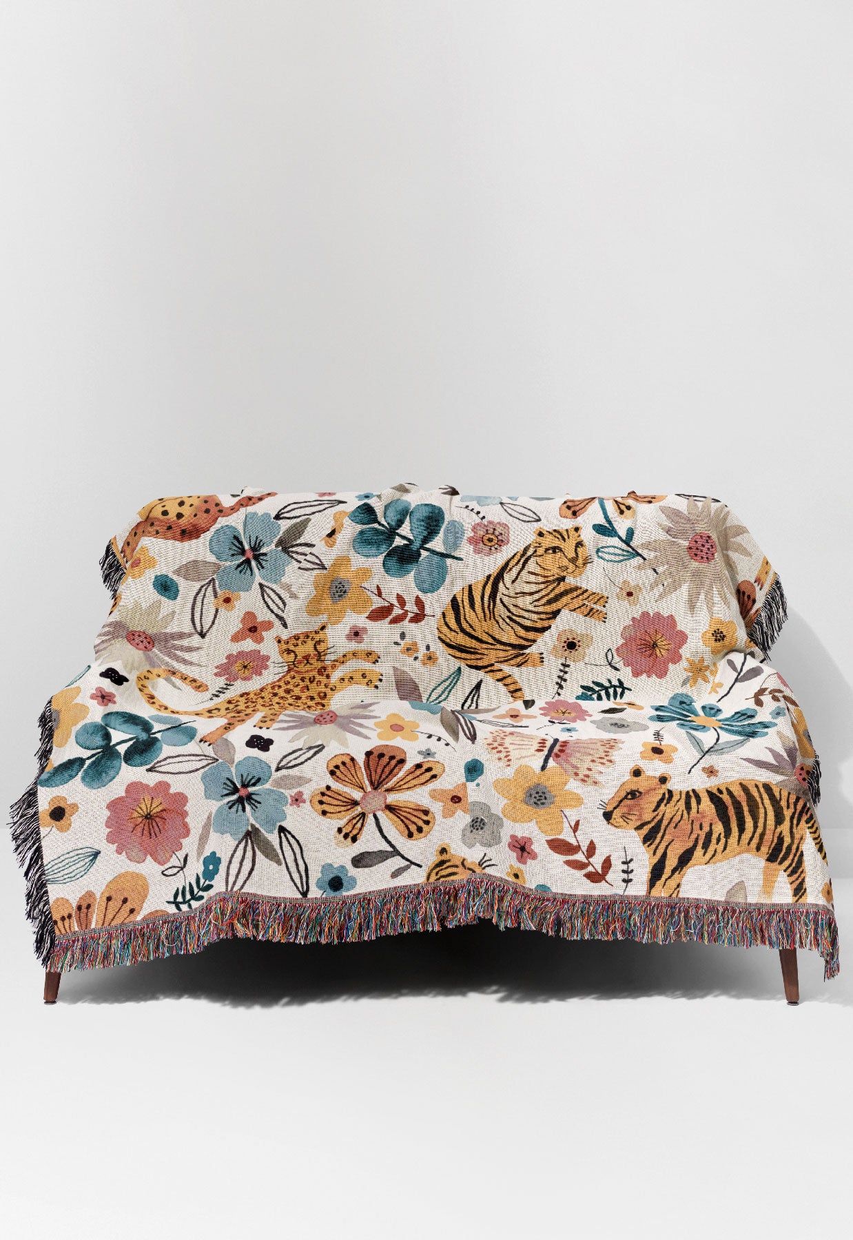 Spring Tigers and Flowers By Ninola Design Jacquard Woven Blanket (White) | Harper & Blake