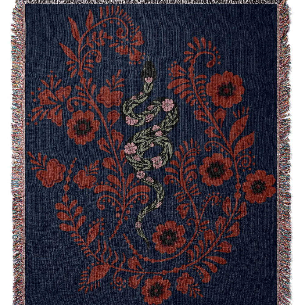 Floral Snake Jacquard Woven Blanket (Dark Blue) | Harper & Blake
