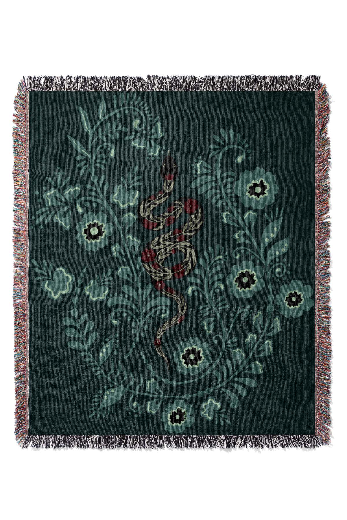 Floral Snake Jacquard Woven Blanket (Dark Green) | Harper & Blake