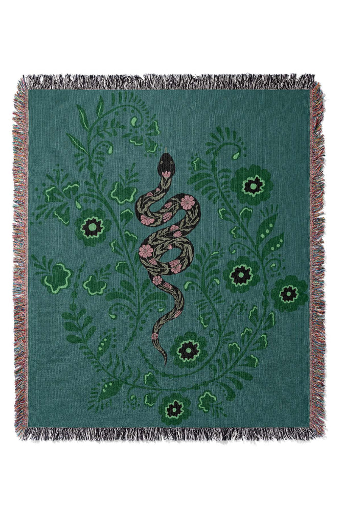 Floral Snake Jacquard Woven Blanket (Teal)