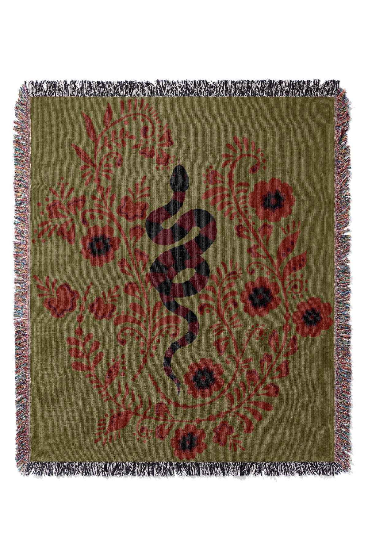 Floral Snake Stripe Jacquard Woven Blanket (Green) | Harper & Blake