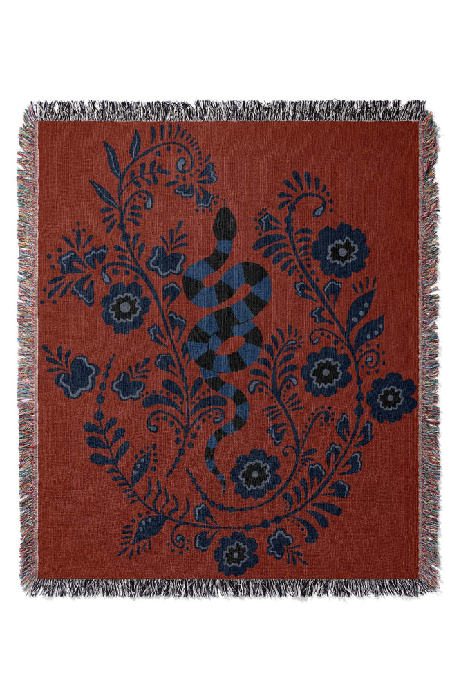 Floral Snake Stripe Jacquard Woven Blanket (Red)