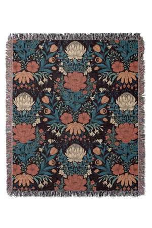 Garden Flower Block Print Damask by Denes Anna Design Jacquard Woven Blanket (Dark) | Harper & Blake