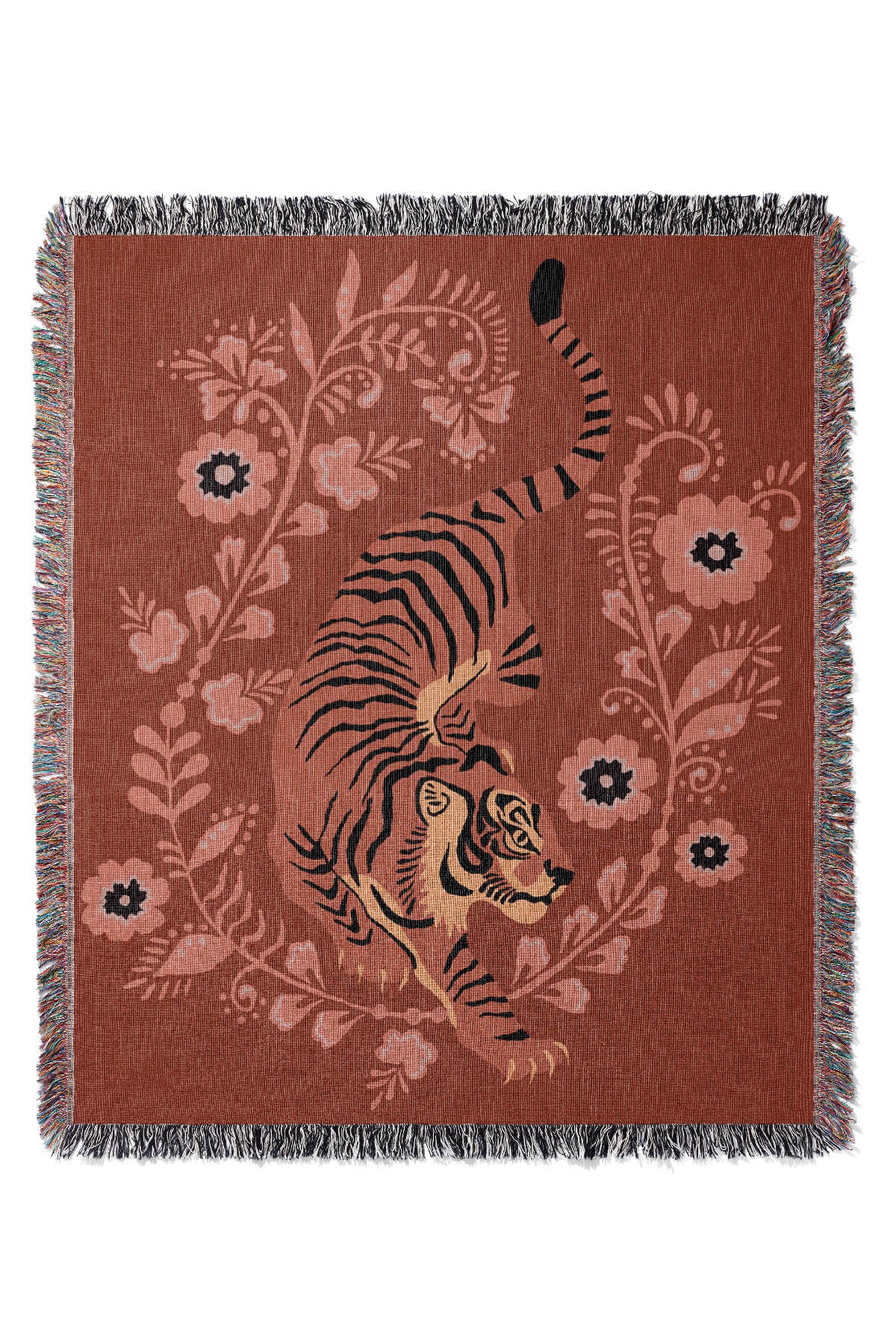 Floral Tiger Jacquard Woven Blanket (Orange Pink) | Harper & Blake