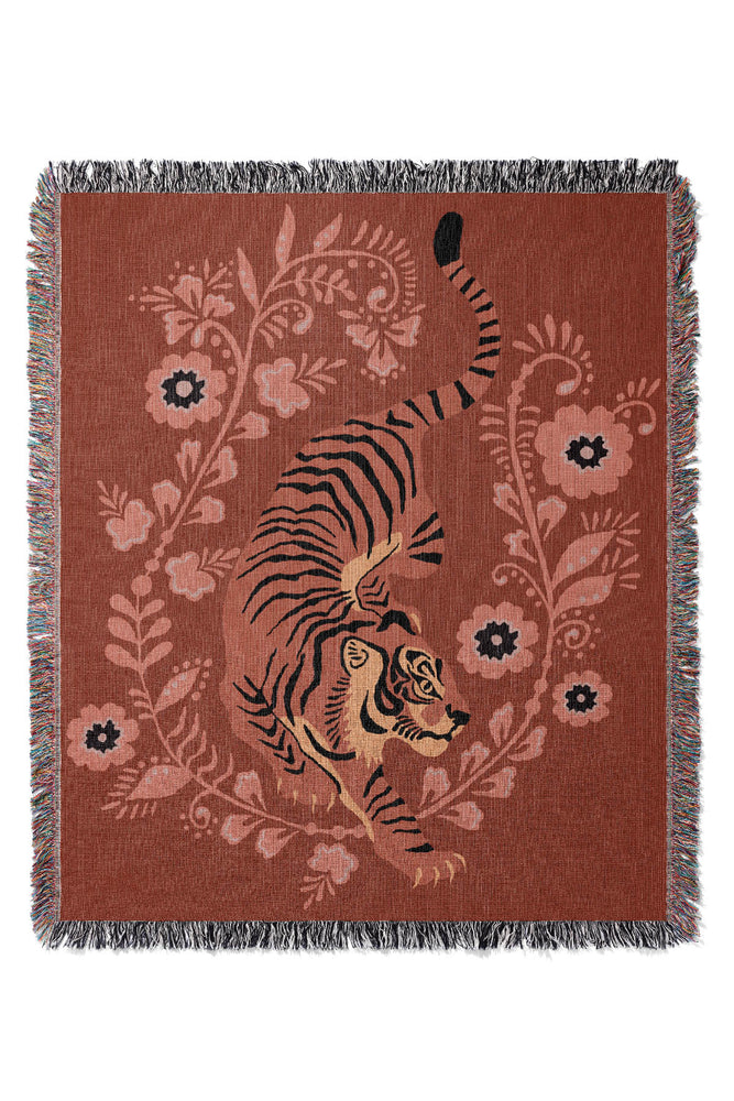 Floral Tiger Jacquard Woven Blanket (Orange Pink)