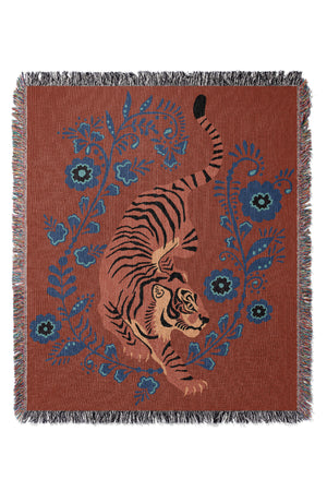 Floral Tiger Jacquard Woven Blanket (Orange Blue) | Harper & Blake