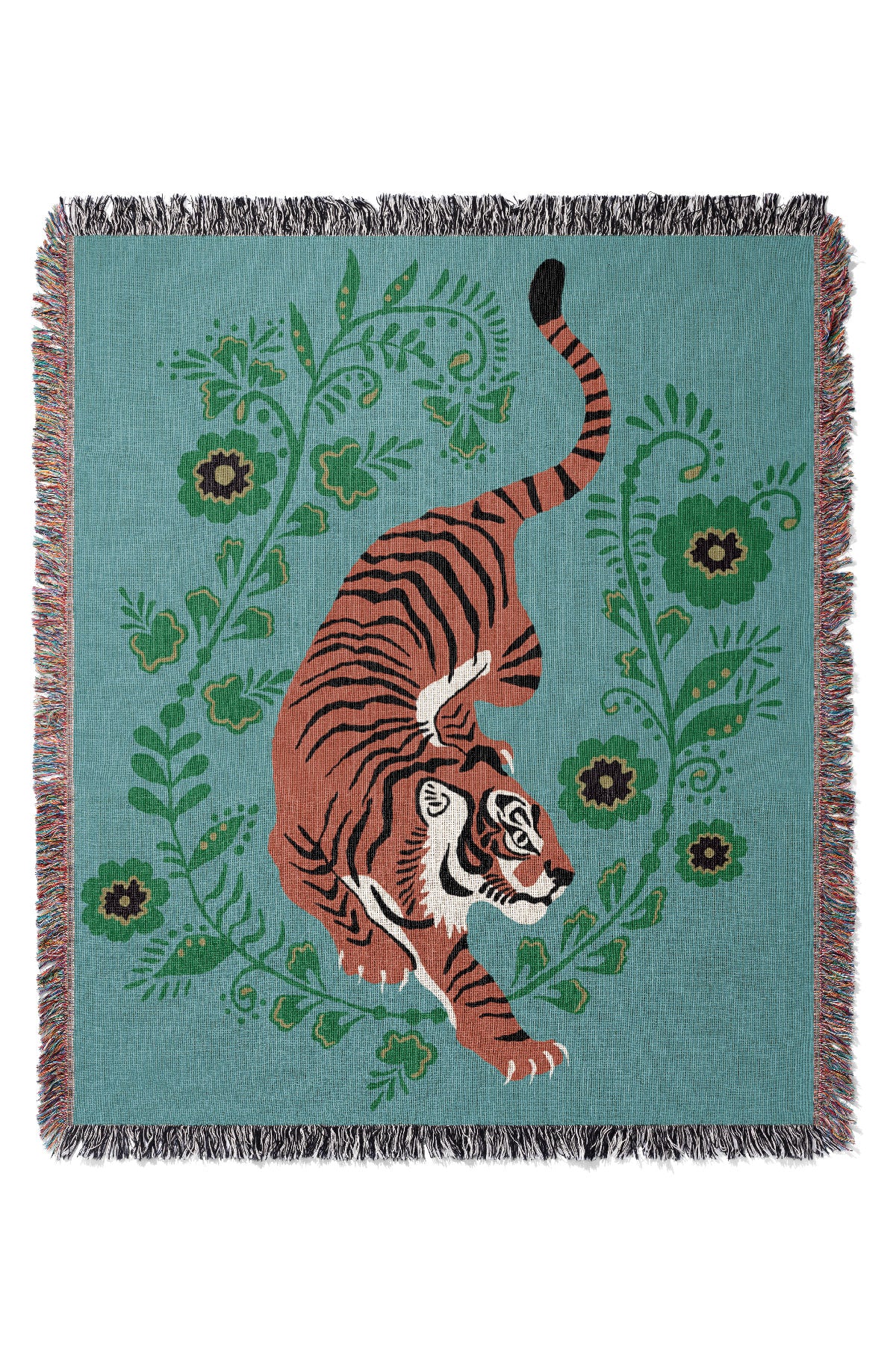 Floral Tiger Jacquard Woven Blanket (Turquoise) | Harper & Blake