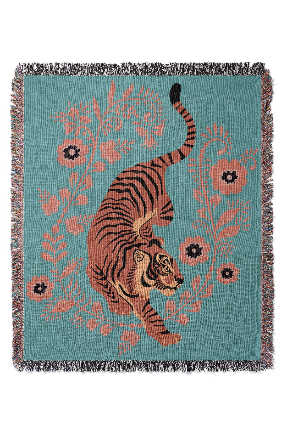 Floral Tiger Jacquard Woven Blanket (Turquoise Pink) | Harper & Blake