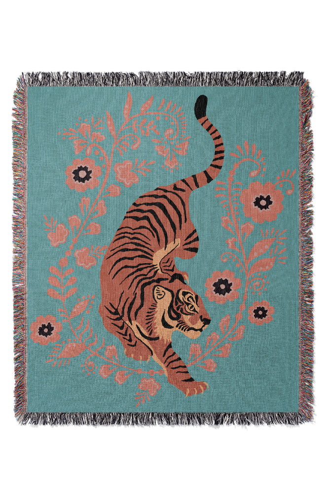 Floral Tiger Jacquard Woven Blanket (Turquoise Pink) | Harper & Blake
