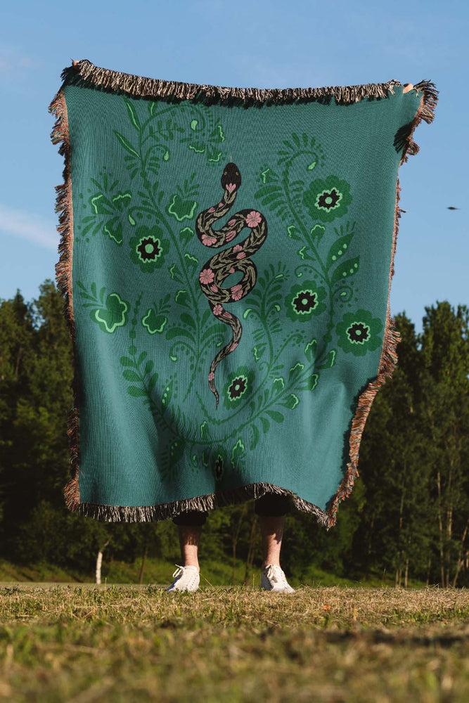 Floral Snake Jacquard Woven Blanket (Teal) | Harper & Blake