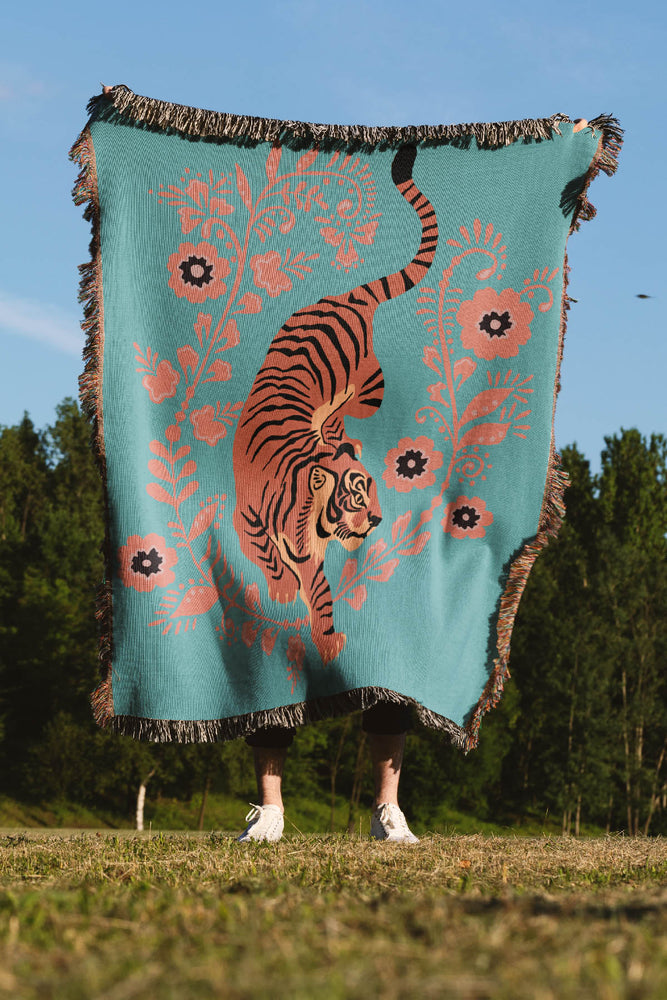 Floral Tiger Jacquard Woven Blanket (Turquoise Pink) | Harper & Blake