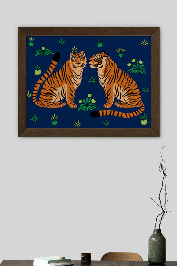 Two Floral Tigers Giclée Art Print Poster (Deep Blue)