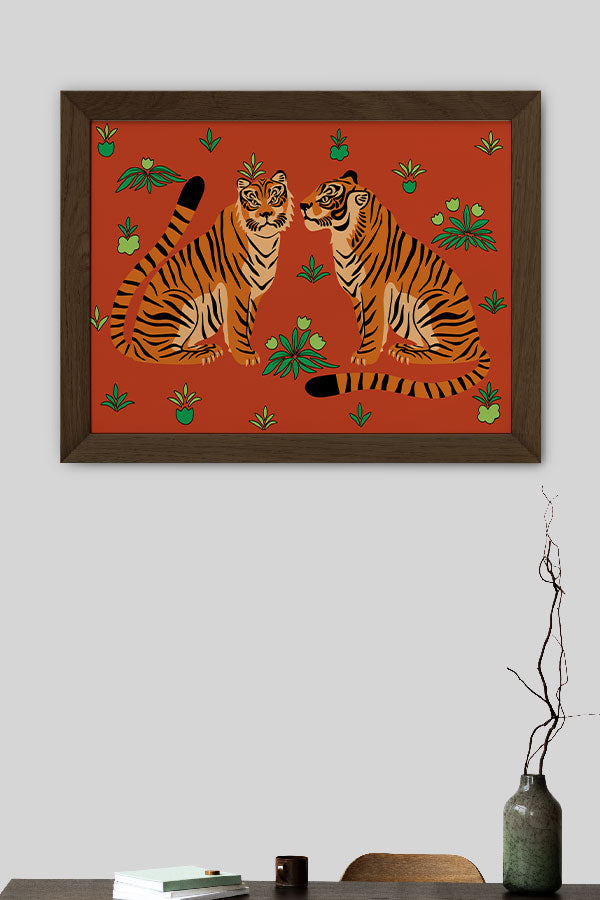 Two Floral Tigers Giclée Art Print Poster (Red) | Harper & Blake