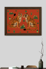 Two Floral Tigers Giclée Art Print Poster (Red)