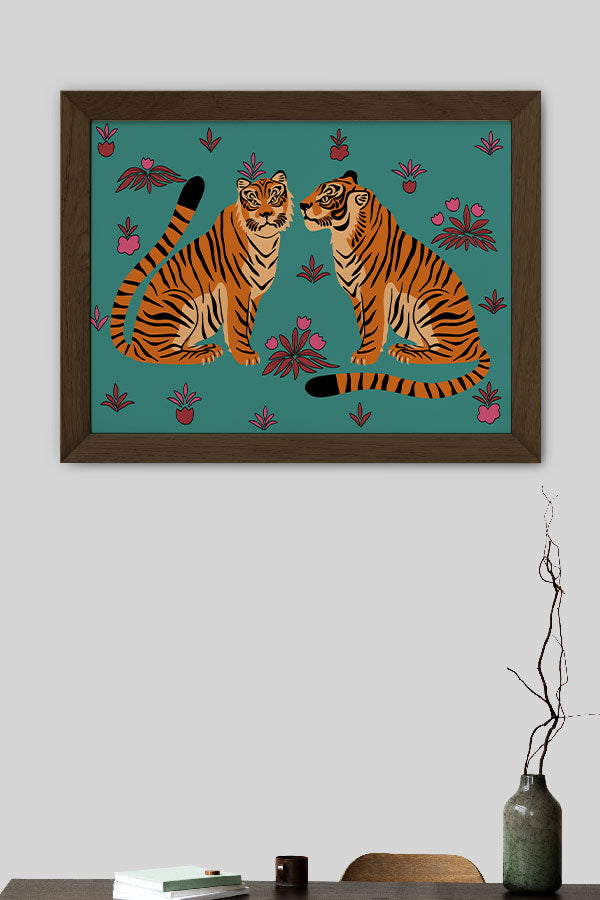 Two Floral Tigers Giclée Art Print Poster (Turquoise) | Harper & Blake