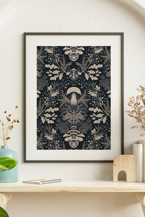 Mushroom Forest Damask by Denes Anna Design Giclée Art Print Poster (Black)