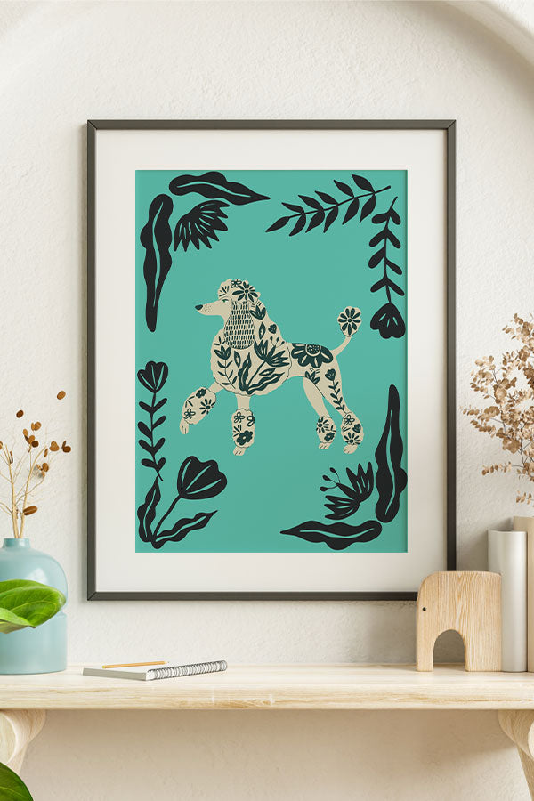 Abstract Floral Pet Poodle Giclée Art Print Poster (Turquoise)