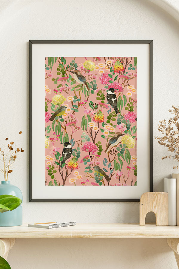 Australian Birds and Blooms by Cecilia Mok Giclée Art Print Poster (Blush Pink)