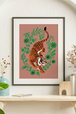 Floral Tiger Giclée Art Print Poster (Dusty Pink)