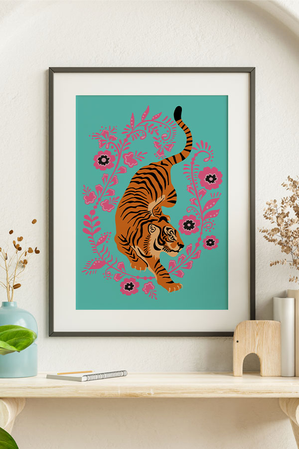 Floral Tiger Art Print Poster (Turquoise Pink) | Harper & Blake