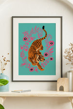 Floral Tiger Giclée Art Print Poster (Turquoise Pink)