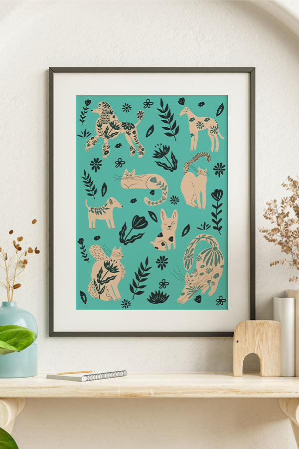 Abstract Floral Pets Giclée Art Print Poster (Turquoise)