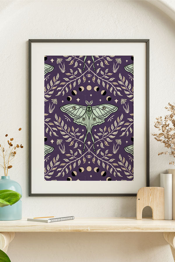 Luna Moths Damask by Misentangledvision Art Print Poster (Purple) | Harper & Blake