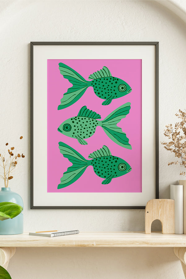 Bold Graphic Three Goldfish Art Print Poster (Pink) | Harper & Blake