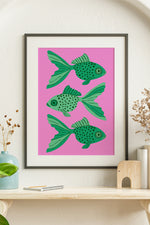 Bold Graphic Three Goldfish Giclée Art Print Poster (Pink)
