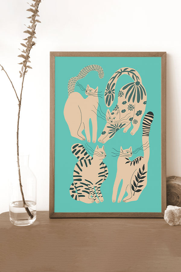Abstract Floral Cats Art Print Poster (Turquoise) | Harper & Blake