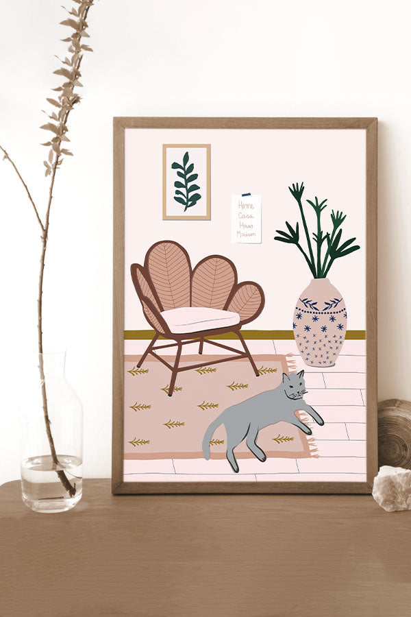 Cat at Home by Ani Vidotto Giclée Art Print Poster (Pink) | Harper & Blake