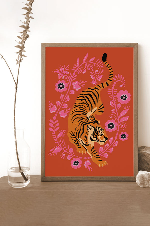 Floral Tiger Art Print Poster (Orange Pink) | Harper & Blake