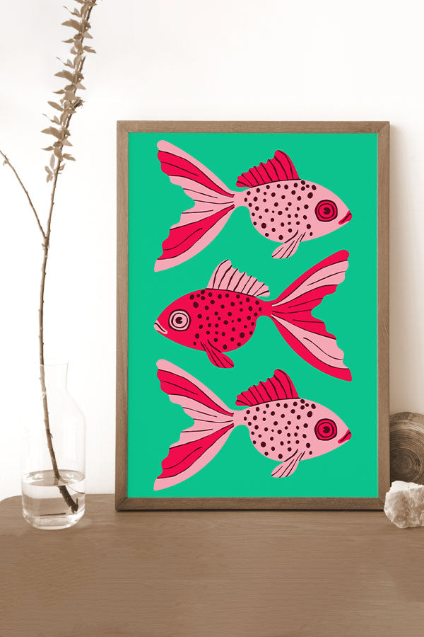 Bold Graphic Three Goldfish Art Print Poster (Green) | Harper & Blake