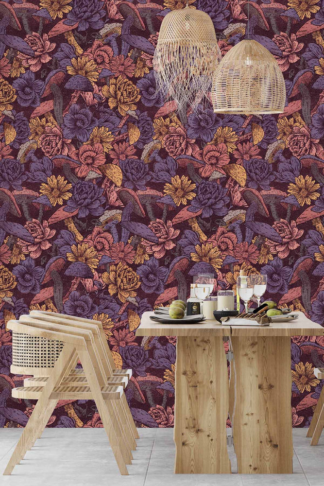 Mushroom Flowers Wallpaper (Burnt Purple) | Harper & Blake