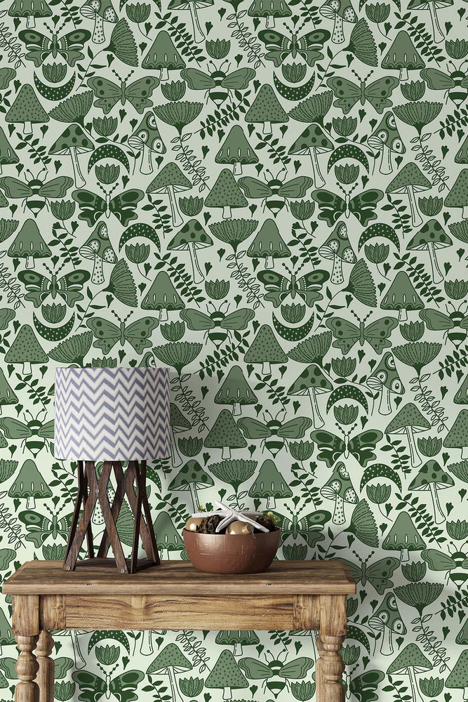 Mushroom Garden Wallpaper (Forest Green)